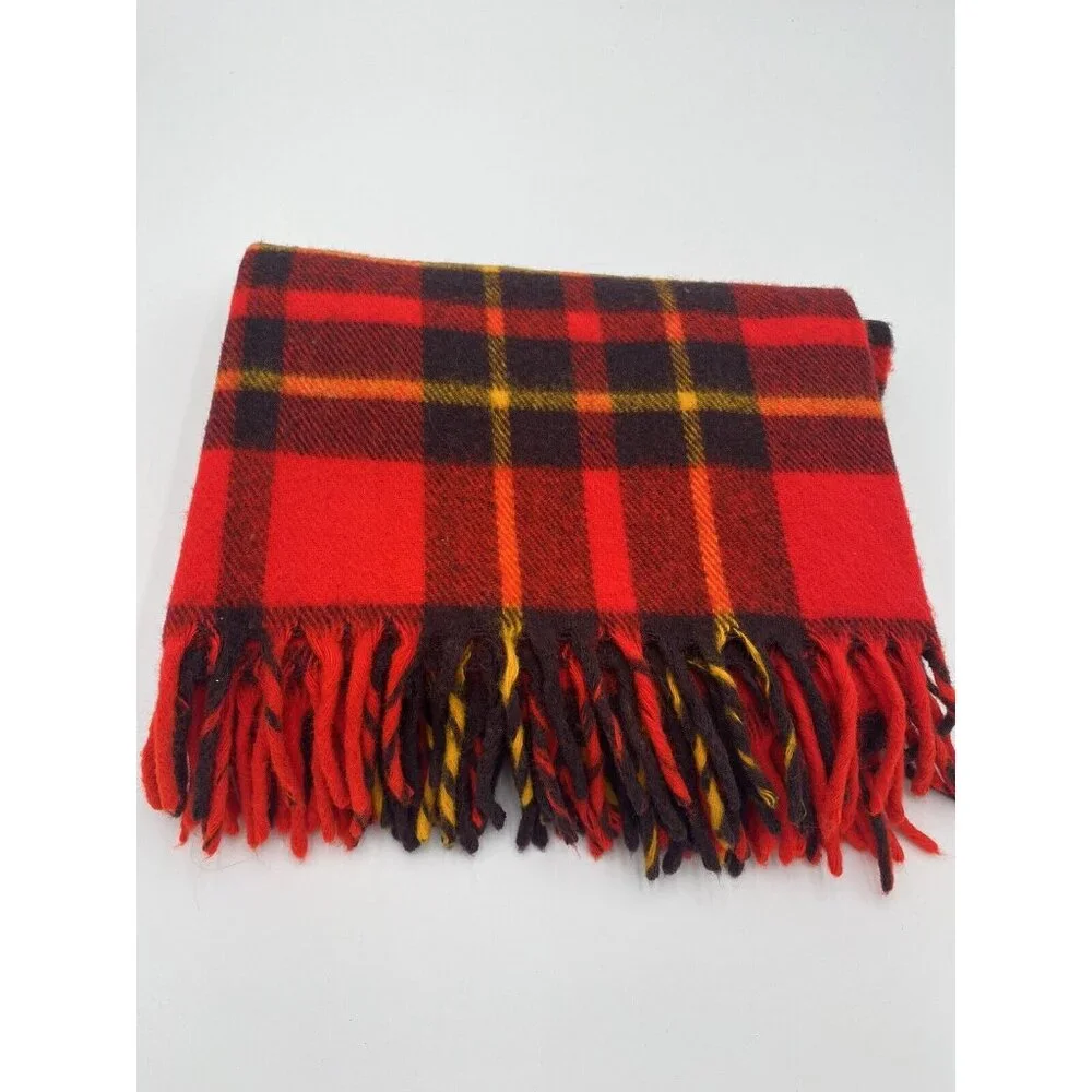 Faribo Plaid Blanket Red BlackTartan Fringe Acrylic USA Faribault Woolin Mills